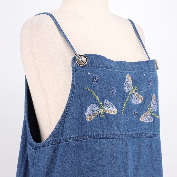 VINTAGE QUACKER FACTORY Dragonfly Embroidered Denim Maxi Overall Dress Size 16 - Picture 3 of 6